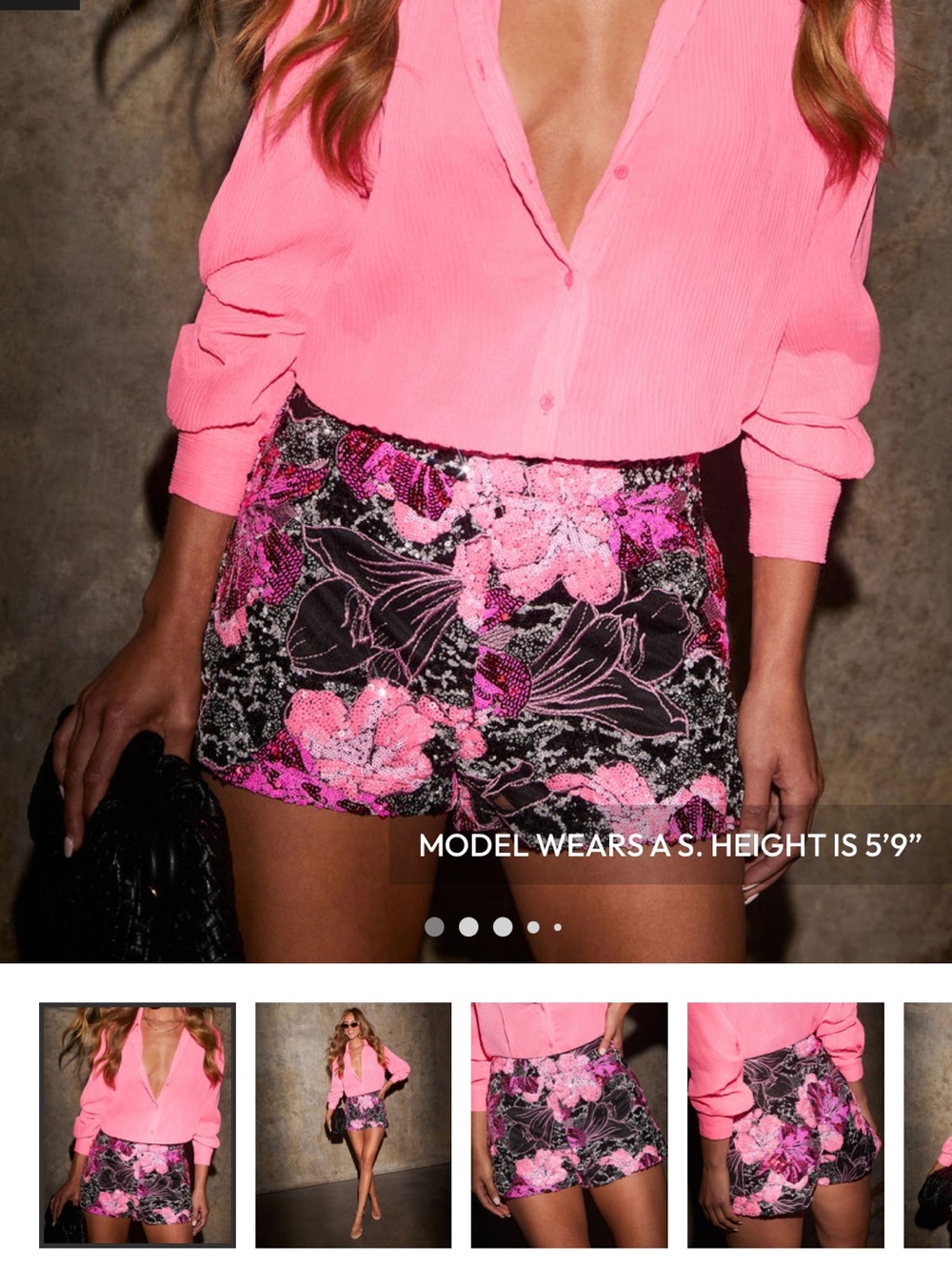 Pink Floral Sequin Shorts (M) and Bright Collared Button Front Blouse (S)